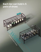 SONGMICS 2-Tier Shoe Organizer, Metal Shelf Storage With 4 Side Hooks, Holds 10 Pairs, Height-Adjustable Rack for Entryway, Hallway, Closet, Easy Assembly, Chestnut Brown