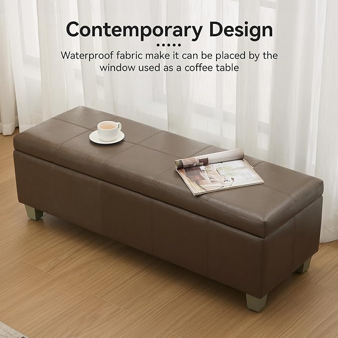 51" Faux Leather Storage Ottoman, Stitch Tufted Rectangle Upholstered End of Bed Storage Bench, Entryway Large Couch Ottoman with Wooden Legs, Coffee