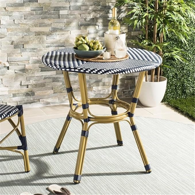 Safavieh PAT4012A Outdoor Collection Sidford Navy and White Rattan Bistro Table