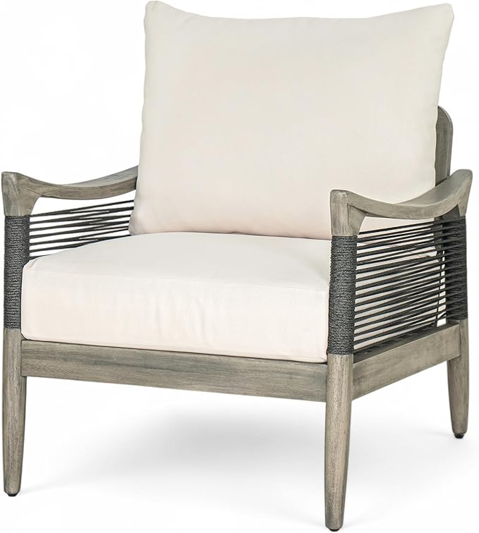 Christopher Knight Home Havets Patio Acacia Wood Club Chair with Woven Rope, Comfortable Outdoor Armchair, Water-Repellent Thick Cushion Deep Seating for Porch, Garden, Backyard, Balcony, Gray+Beige
