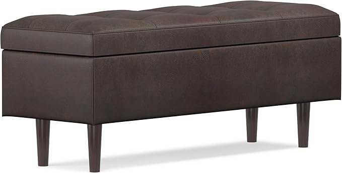 SIMPLIHOME Shay 48 inch Wide Mid Century Modern Rectangular Storage Ottoman in Distressed Chestnut Brown Vegan Faux Leather, Assembled, For the Living Room, Entryway and Family Room