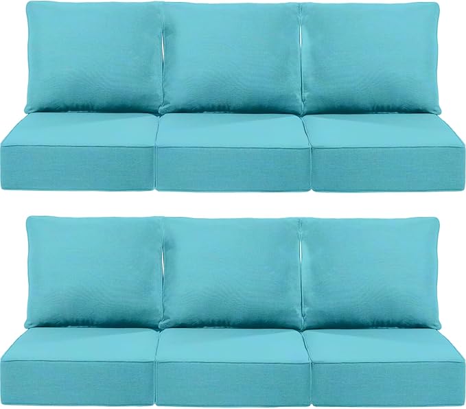 Luxury 22x24/22x25 6-Inch Outdoor Deep Seat Cushions Set of 6 - Comfortable Patio Zipper Chair Cushion for Wicker Dining Rocking Gilider Loveseat Couch Sectional Sofa - Turquoise