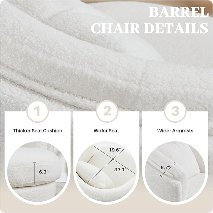 Swivel Accent Chair, 360 Degree Round Swivel Barrel Chair with Pillow, Widened Upholstered Boucle Chair Comfy Sherpa Barrel Armchair for Living Room Bedroom Reading Room, White