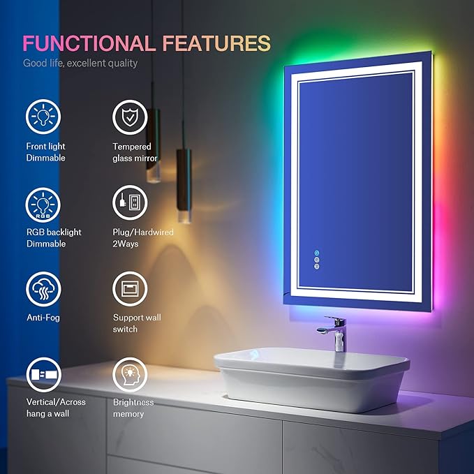 30x36 Inch RGB LED Bathroom Mirror with Lights, Color Changing RGB Backlit LED Mirror for Bathroom,Lighted Vanity Mirrors for Bathroom Wall, Dimmable, Anti-Fog (RGB Backlit+Front-Lit)