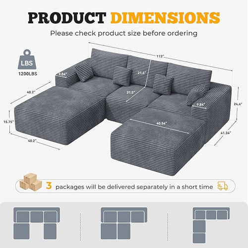 113" Modular Sectional Sofa, Convertible U-Shaped Cloud Couches for Living Room with Ottoman, 5 Seater Corduroy Boneless Couch Sofa Set, No Assembly Required, Grey 1 PCS