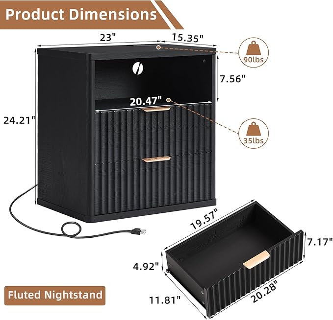 LEYAOYAO Fluted Farmhouse Nightstand Set of 2 with Charging Station, 23" Wide 2 Drawers End Table,Black Dresser for Bedroom,Bed Side Table Chest of Drawers Cabinet,Wood Night Stand for Living Room