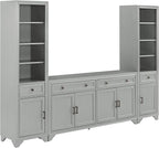 Crosley Furniture Tara 3-Piece Modern Farmhouse Sideboard Buffet Cabinet and Bookcase Set with Storage, Distressed Gray