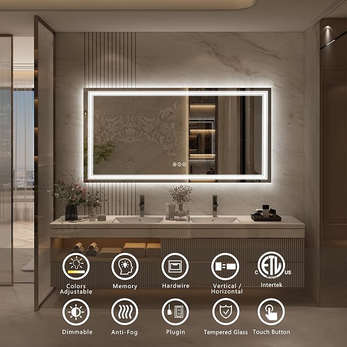 66x36 LED Bathroom Mirror, Lighted Mirror for Bathroom Wall, Backlit and Front lit, Dimmable, Anti-Fog, Shatterpoof, Memory (Horizontal/Vertical)