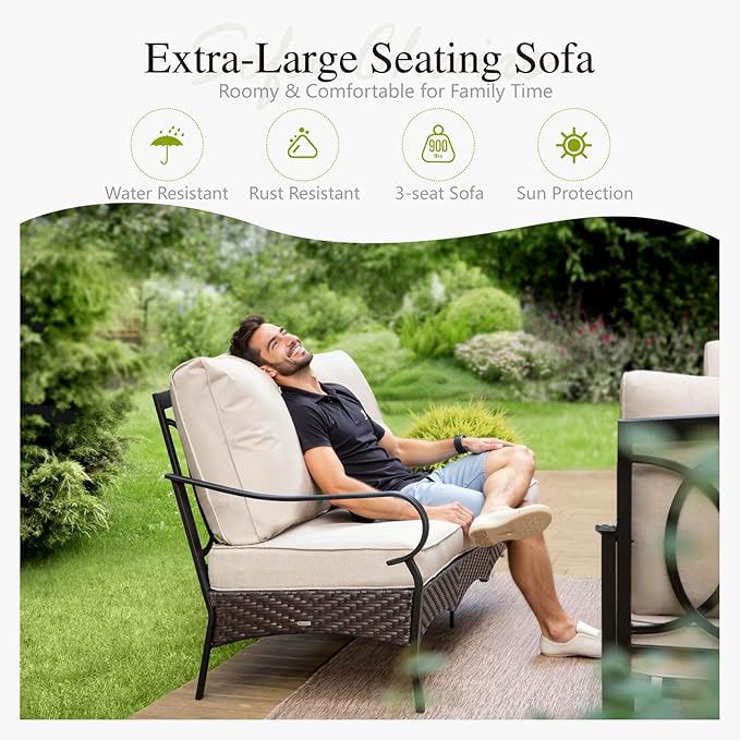 Sophia & William Patio Furniture Set with Fire Pit Table, 4 PCS Metal Outdoor Conversation Set with Fire Pit Table, 2 Swivel Chairs,3-Seater Couch for Outdoor Seating, Backyard, Porch(Beige)