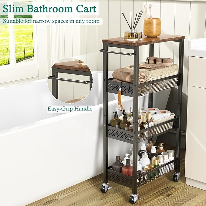 Slim Storage Cart 4 Tier Fruit and Vegetable Baskets for Kitchen Small Space, Narrow Laundry Cart on Wheels with Wooden Top and Metal Handle for Pantry, Bathroom, Laundry Room