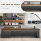 L-Shaped Executive Desk with LED Lights, Lockable Storage & 3-in-1 Charging Station, Reversible Cabinet, Modern Wood Office Desk for CEO, Manager & Home Office(Red Walnut+Black, 79"L*63"W*30"H)