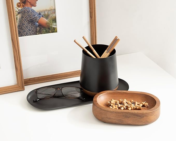 Kate and Laurel Koni Modern Three-Piece Tabletop Organization Set, 12 x 6 x 5, Walnut Brown and Black, Wood and Metal Organizational Set for Home Office or Entryway Decor