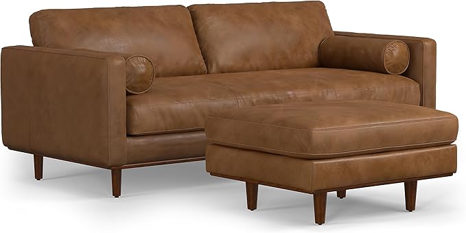 SIMPLIHOME Morrison Mid-Century Modern 89 inch Wide Sofa with Ottoman Set in Caramel Brown Genuine Leather for the Living Room and Family Room