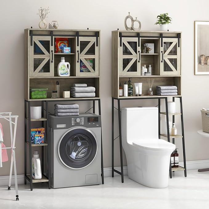 Over The Toilet Storage Cabinet, Farmhouse Storage Cabinet Over Toilet with 2 Sliding Barn Door，Home Space-Saving Toilet Rack, for Bathroom, Restroom, Laundry.(Grey)