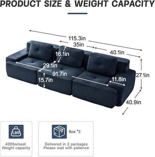 115.3” Blue Boneless Couches for Living Room, Modular Sectional Sofa, 3 Seater Comfy Upholstered Deep Seat Corduroy Fabric Cloud Couch No Assembly, Anti-Slip Design