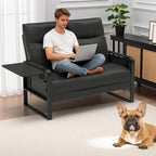 Faux Leather Loveseat, Upholstered Loveseat with Side Tray Table & Storage Pocket, Small Loveseat for Living Room, Modern 2 Seater Sofa Couch for Small Spaces, Bedroom, Black