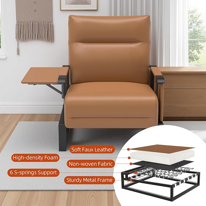 Upholstered Accent Chair, Modern Faux Leather Sofa Chair with Foldable Side Tray Table & Storage Pocket, Small Accent Sofa for Living Room, Bedroom, Reception Room, Brown