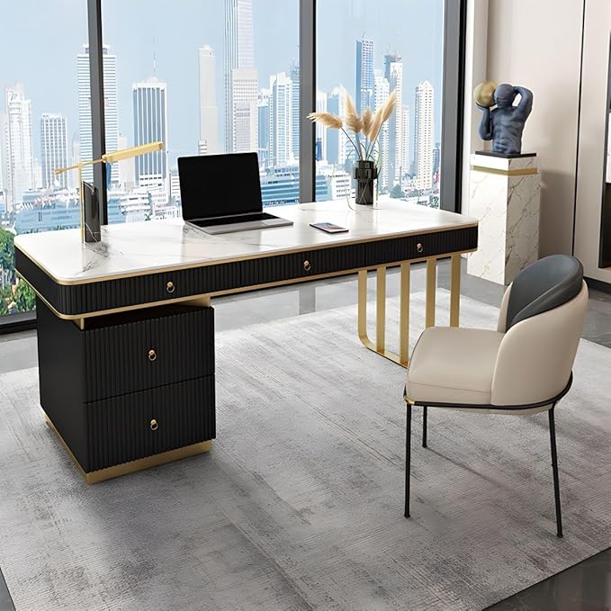 RUNNUP Stone top Computer Desk with 5 Drawers, Rectangular Home Computer Desk Writing Desk, Modern Executive Desk, Without Chairs, Black, 55" L x 23.5" W x 29.5" H