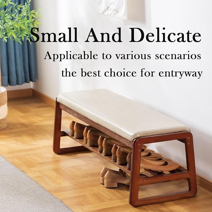 latifolia Solid Wood Bench, Entryway Shoe Bench with Cushion, 2 Tier Shoe Storage Organizer for Hallway, Living Room(Grey,39.70''L)