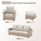Patio Furniture Set 5 pcs, Wicker Rattan Sofa with 5.5" Thick Waterproof Cushions, 2 Chairs and Ottomans, All Weather Outdoor Conversation Set for Backyard Deck, 7 Seats Beige