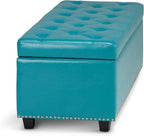 SIMPLIHOME Hamilton 48 inch Wide Transitional Rectangle Storage Ottoman in Mediterranean Blue Vegan Faux Leather, Assembled, For the Living Room, Entryway and Family Room