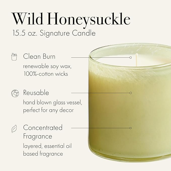 LAFCO New York Signature Candle, Wild Honeysuckle - 15.5 oz - 90-Hour Burn Time - Reusable, Hand Blown Glass Vessel - Made in The USA