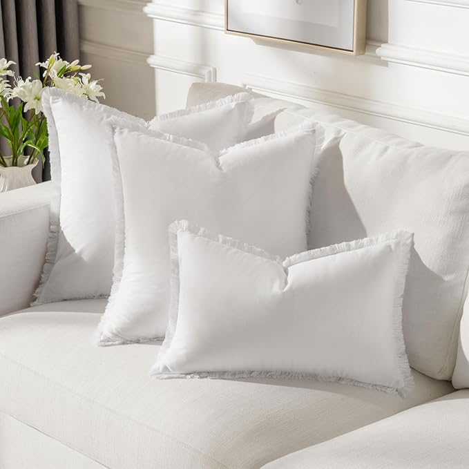 FUTEI Cream White Velvet Decorative Throw Pillow Covers 22x22 Set of 2,Soft Cozy Edge with Tassels Cushion Case,Boho Modern Home Decor for Couch Bed Living Room