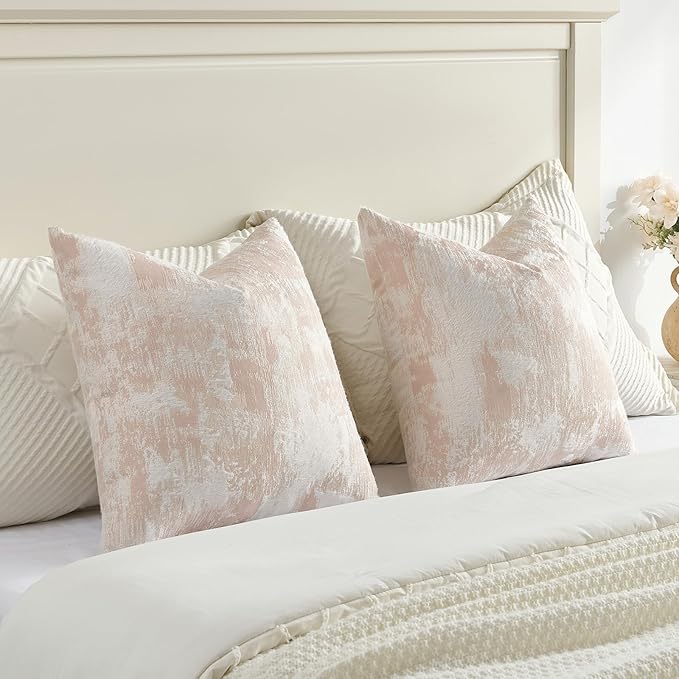 FUTEI Pink White Decorative Throw Pillow Covers 24x24 Inch Set of 2,Soft Faux Cashmere Jacquard - Textured & Cozy Euro Pillow Shams,Modern Home Decor for Couch Bed Living Room