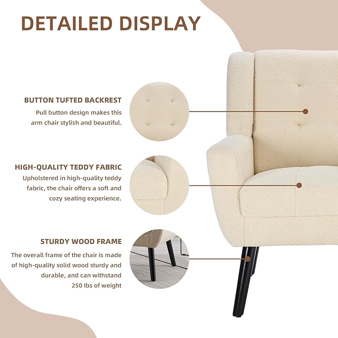 Dolonm Midcentury Modern Teddy Accent Chair with Arms, Upholstered Reading Side Chair Tufted Back Decorative Wingback Chair for Living Room Bedroom (White)