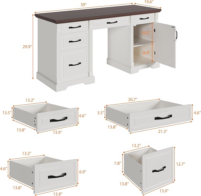 59" W Large Executive Desk, Modern Computer Desk with 5 Drawers & File Cabinet, Rustic Computer Table with Storage, Farmhouse Study Table for Home Office, Living Room, White and Brown