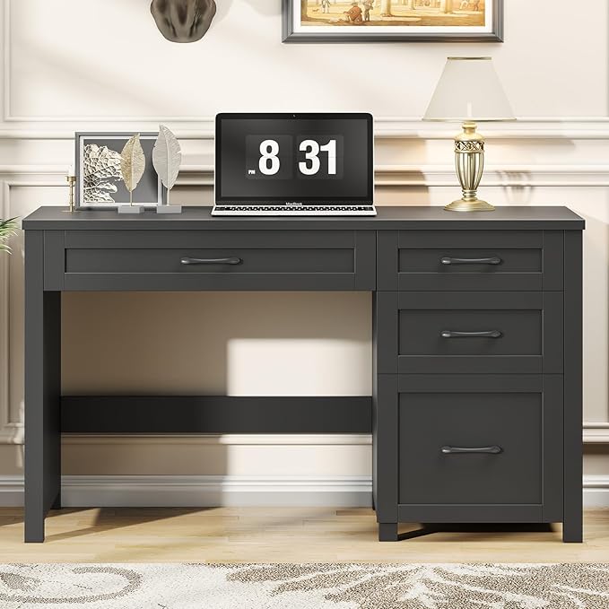 Farmhouse 47" Executive Desk, Computer Desk with File Drawer and Charging Station, Workstation for Home Office, Study(Pure Black)