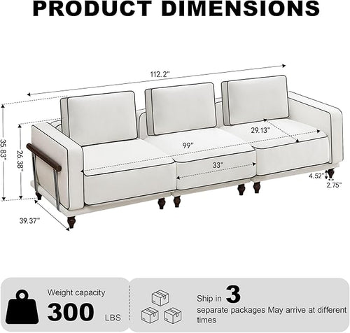 112" Cloud Modular Sectional Sofa,Oversized Deep 3 Seater Couch with Armrests Wooden Legs,Comfy Thicked Cushion Upholstered Sofa for Living Room Bedroom,White