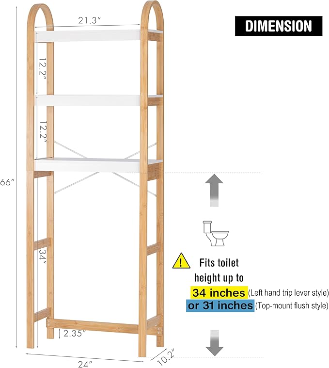 Spirich Over The Toilet Storage Shelf, 3-Tier Over Toilet Bathroom Organizer, Space-Saving Above Toilet Storage Shelf Rack with Bamboo Frame