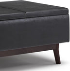 SIMPLIHOME Owen 34 inch Wide Mid Century Modern Rectangle Tray Top Small Coffee Table Storage Ottoman in Distressed Black Vegan Faux Leather, Assembled, for the Living Room, Entryway and Family Room