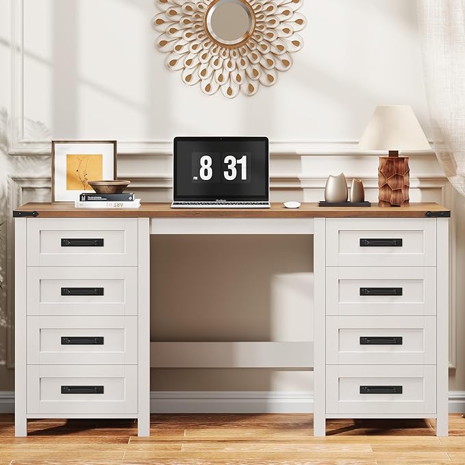 Vabches Farmhouse 60.6” Executive Desk with 7 Drawers, Computer Desk with File Drawer for Hanging Files A4, Workstation for Home Office, Study.Unique White