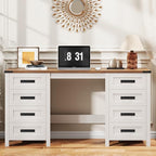 Vabches Farmhouse 60.6” Executive Desk with 7 Drawers, Computer Desk with File Drawer for Hanging Files A4, Workstation for Home Office, Study.Unique White
