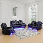 Power Recliner Sofa Set with LED, Black Leather Reclining Living Room Sofa, Muti-Functional Recliner Sofa and Couch with Storage Console/Cup Holders/USB Ports