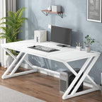 LVB White Long Computer Desk, Modern Large Wood Metal Office Desk, Farmhouse Pc Study Work Writing Desk for Two Person, Rustic Double Workstation Executive Desk for Home Bedroom Living Room, 70 Inch