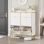 Fluted Shoe Cabinet Storage, Freestanding Hidden Shoe Organizer with 4 Flip Drawers & 2 Drawers, Wood Narrow Shoe Rack Cabinet with Adjustable Shelves for Entryway, Foyer, Hallway, White