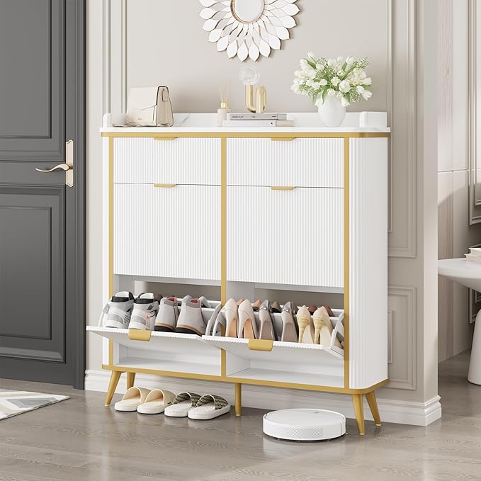 Fluted Shoe Cabinet Storage, Freestanding Hidden Shoe Organizer with 4 Flip Drawers & 2 Drawers, Wood Narrow Shoe Rack Cabinet with Adjustable Shelves for Entryway, Foyer, Hallway, White