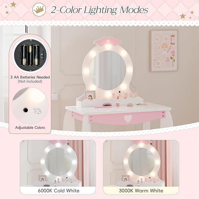 MU Kids Vanity Set with Lighted Mirror and Stool, Kids Make Up Vanity Desk with Storage Space, Wing Pattern for Little Girls, Toddler Princess Makeup Dressing Table with Chair Set, White