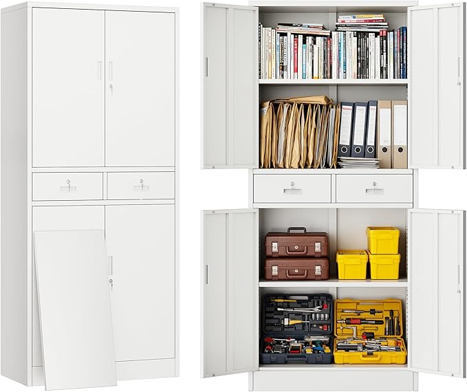 BESFUR Metal Storage Cabinet, Locking Storage Cabinet with Drawers and Adjustable Shelves for Garage, Office, Classroom - White