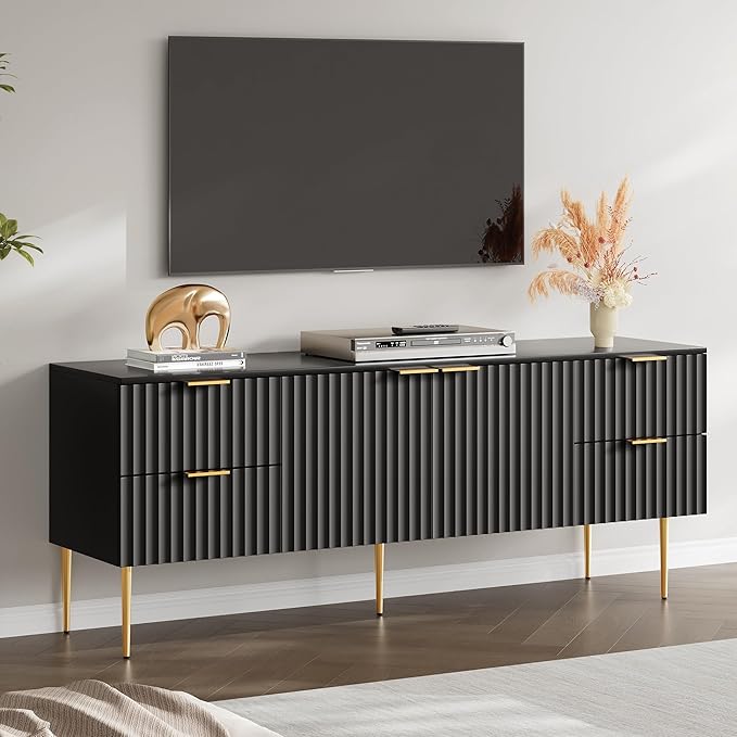 SICOTAS TV Stand for 55/60/65/70 Inch TV - 62 Inch TV Stands for Living Room Entertainment Center with 4 Drawers, Fluted Modern TV Media Console Television Cabinet for Bedroom(Black, 1 Piece)