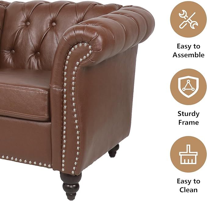 2 Piece Living Room Furniture Set, Faux Leather Loveseat and Chair Set, Mid Century Modern Upholstered Sofa Couch with Cushions, Vintage Comfy Tufted Chesterfield Couches for Bedroom, Office (Brown)
