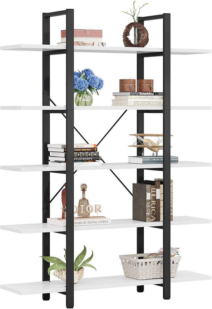 Tribesigns 5-Tier Bookshelf, Vintage Industrial Style Bookcase 72 H x 12 W x 47L Inches, White