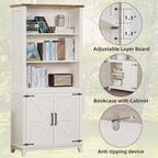 5 Tier Bookshelf 70in Tall Bookcase with Barn Doors and Storage Cabinet, White Farmhouse Book Shelf with Adjustable Shelves, Wood Freestanding Display Bookshelves for Bedroom, Living Room