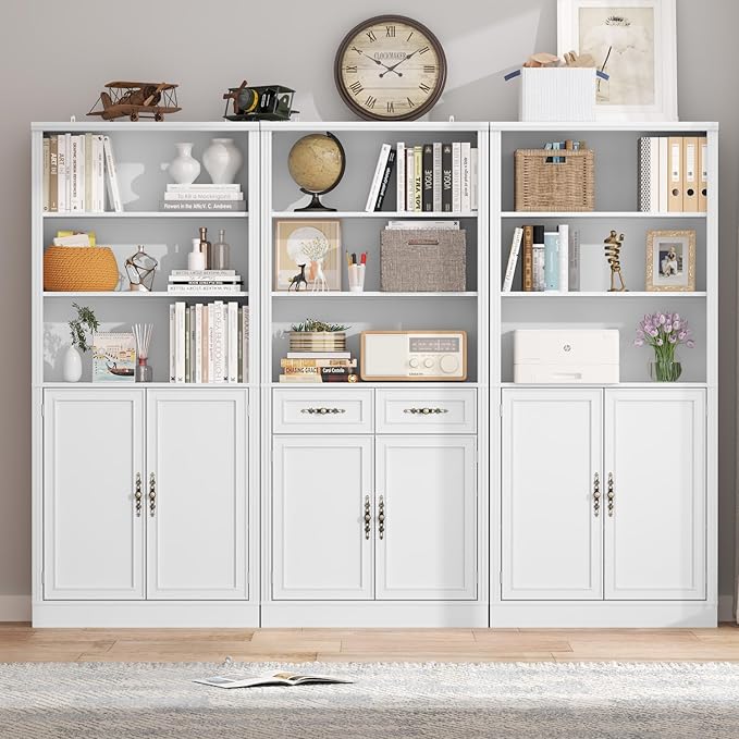 72'' Tall Bookcase with Doors, Adjustable Shelves, P2 MDF Construction, 32'' Wide Freestanding Cabinet with Metal Handles, Hidden Storage for Living Room, Bedroom, White