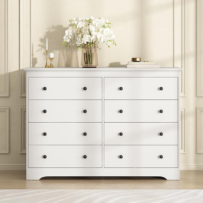 White Dresser for Bedroom, 8 Drawer Dresser with Large Drawers, 55 Inch Wide Wood Chest for Living Room, Hallway