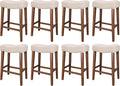 PrimeZone Counter Height Bar Stools Set of 8 - Backless Saddle Barstools with 4.3" Thick Upholstered, Nailhead Trim Linen Fabric & Solid Wood Legs, 26 Inch Counter Stools for Kitchen Island, Beige
