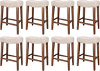 PrimeZone Counter Height Bar Stools Set of 8 - Backless Saddle Barstools with 4.3" Thick Upholstered, Nailhead Trim Linen Fabric & Solid Wood Legs, 26 Inch Counter Stools for Kitchen Island, Beige